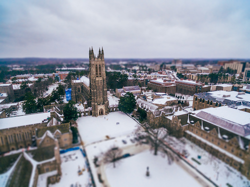 Duke in the snow from overhead